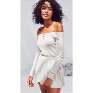 Out from under ribbed off shoulder romper